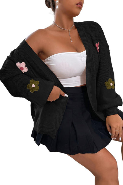 Black Floral Applique Drop Shoulder Bubble Sleeve Cardigan - L & M Kee, LLC