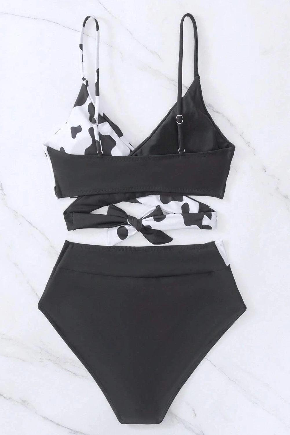 Black Contrast Cow Pattern Crossed Bikini - L & M Kee, LLC