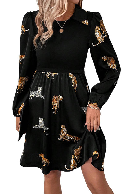 Black Vivid Leopard Print Long Sleeve Swing Dress - L & M Kee, LLC