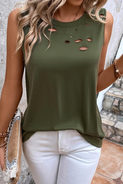 Jungle Green Solid Color Distressed Holes Crew Neck Tank Top - L & M Kee, LLC