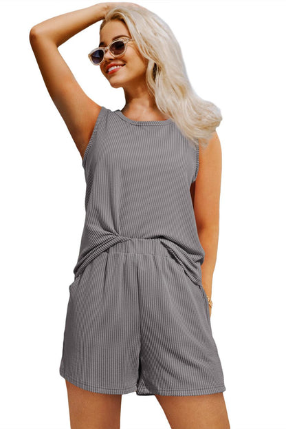 Medium Grey Corded Sleeveless Top and Pocketed Shorts Set - L & M Kee, LLC