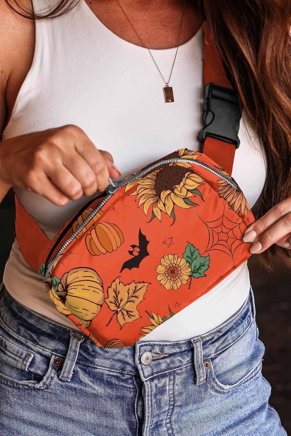 Orange Pumpkin Sunflower Halloween Graphic Crossbody Bag - L & M Kee, LLC