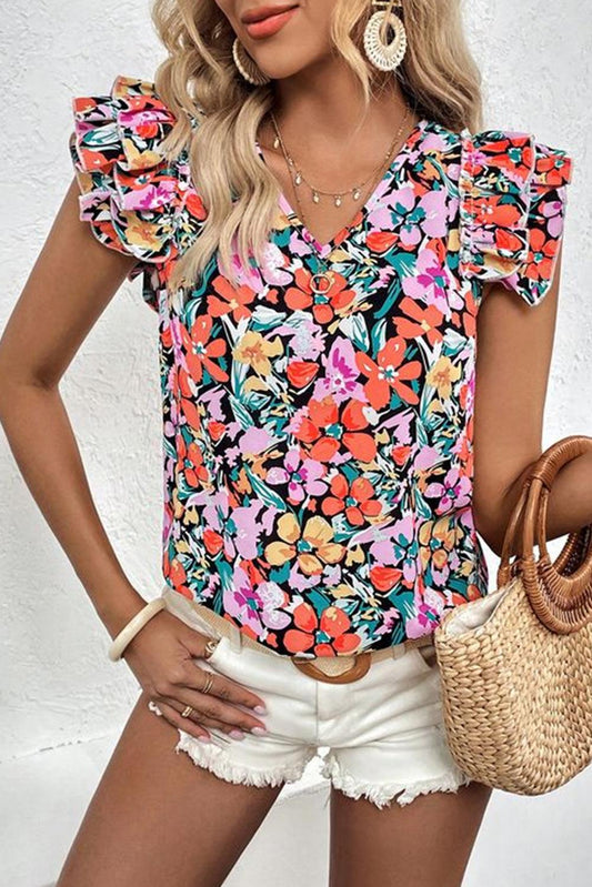 Multicolour Tiered Ruffled Sleeve Floral Blouse - L & M Kee, LLC