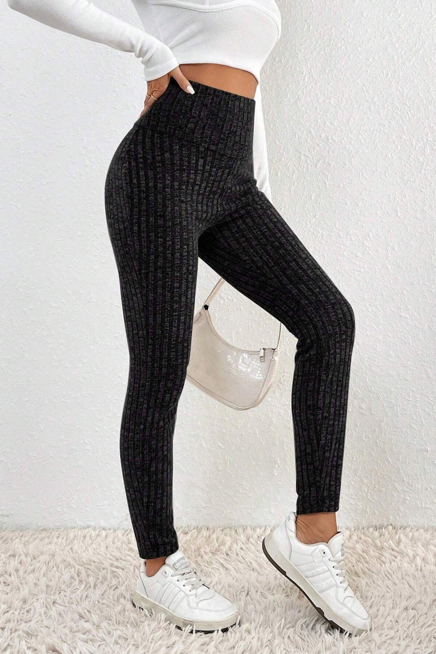 Black Wide Waistband Ribbed Textured Knit Leggings - L & M Kee, LLC