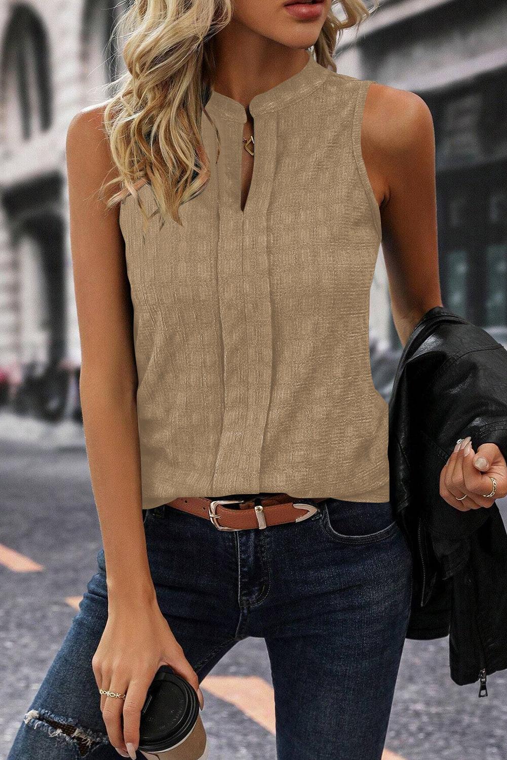 Light French Beige Lattice Textured Split Neck Tank Top - L & M Kee, LLC