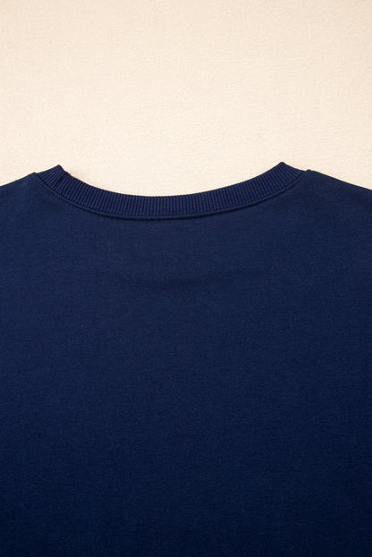 Navy Blue Varsity Stripe Detail Drop Shoulder Pullover Mini Skirt Set