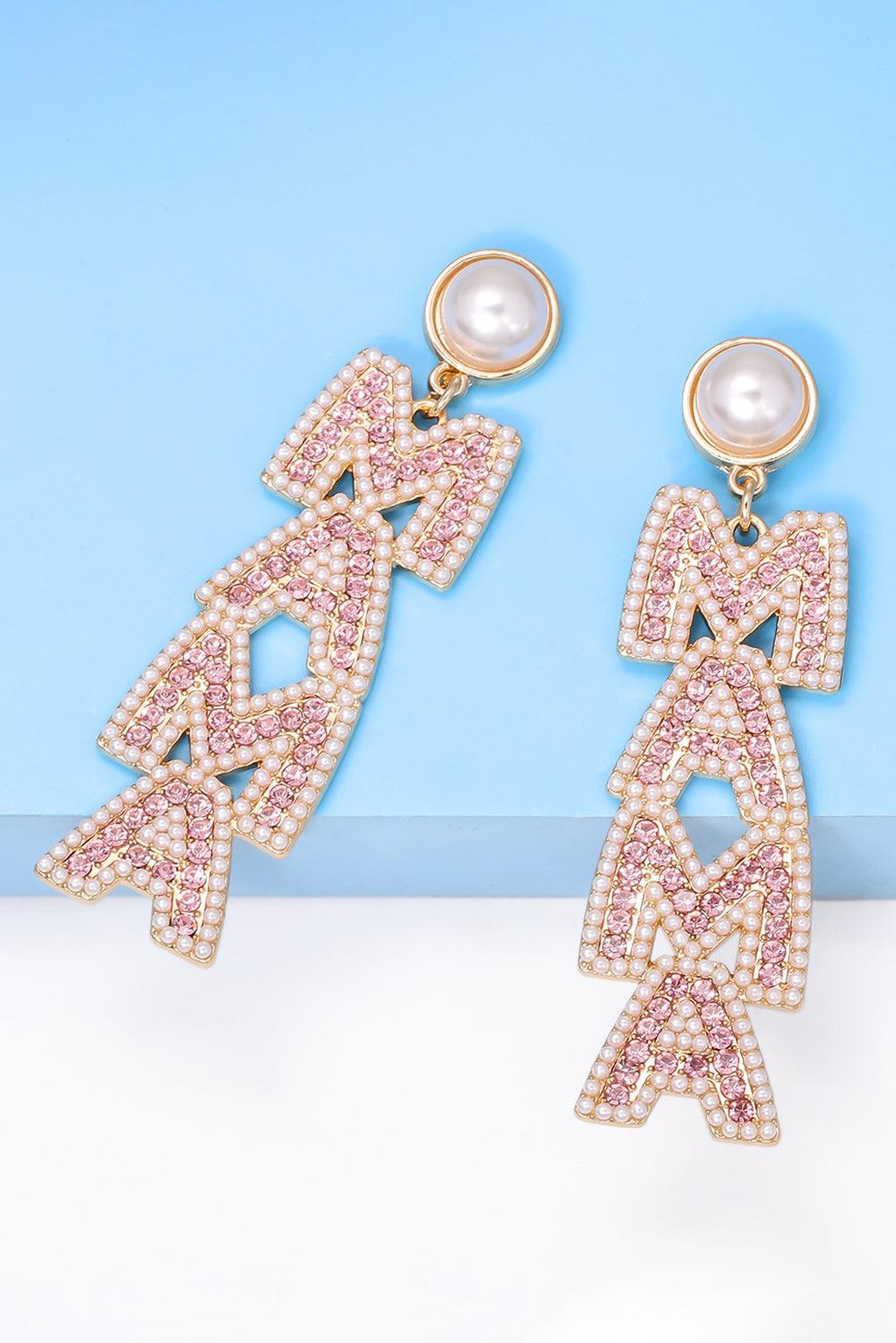 Apricot Pink MAMA Rhinestone Pearl Dangle Stud Earrings - L & M Kee, LLC