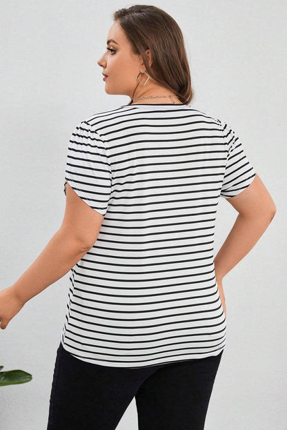 White Stripe V Neck Petal Sleeve Plus Size T-Shirt - L & M Kee, LLC