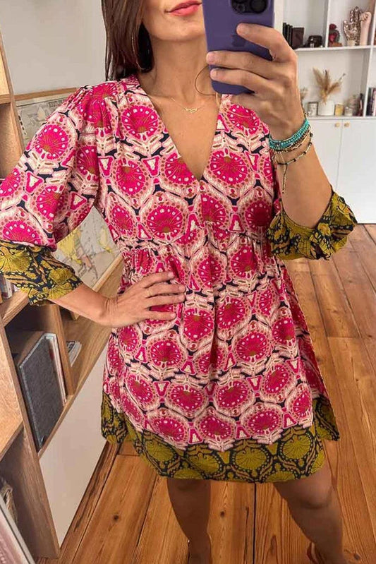 Strawberry Pink Retro Printed V Neck Bracelet Sleeve Dress - L & M Kee, LLC