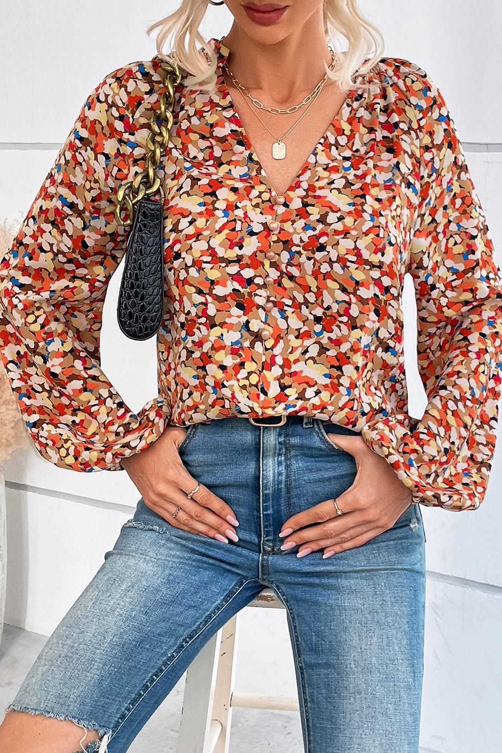 Multicolor Allover Print Split V Neck Bishop Sleeve Blouse - L & M Kee, LLC