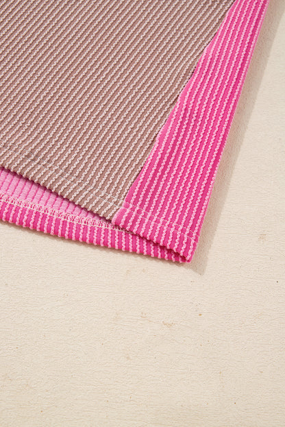 Rose Red Plus Size Twisted Ribbed Color Block Leopard Patchwork Long Sleeve Top