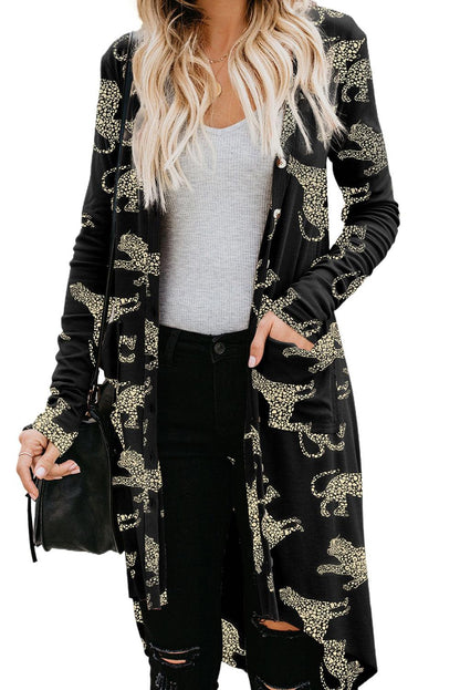 Black Printed Animal Print Ribbed Knit Cardigan - L & M Kee, LLC