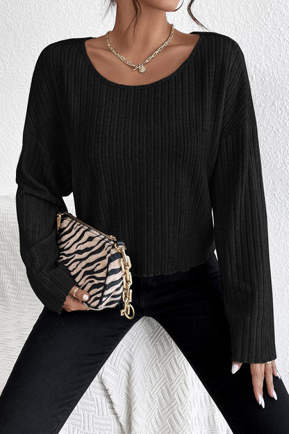 Black Lettuce Cuffs Drop Shoulder Loose Ribbed Knit Top - L & M Kee, LLC