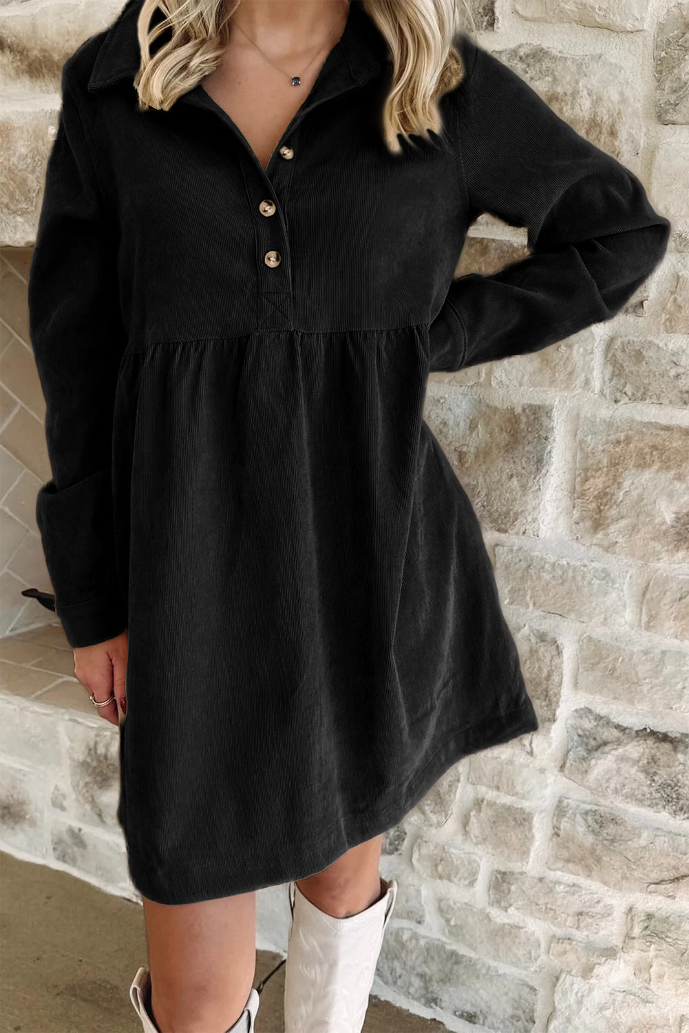 Vineyard Green Corduroy Half Button Collared Long Sleeve Mini Dress