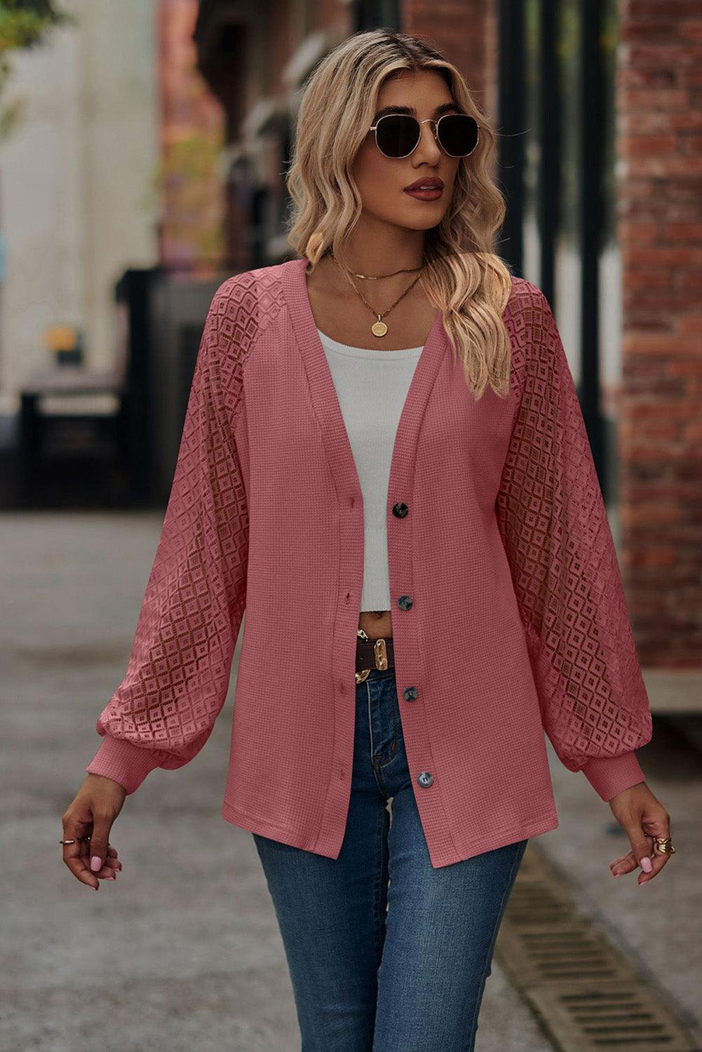 Waffled Knit Lace Long Sleeve Buttoned Cardigan - L & M Kee, LLC