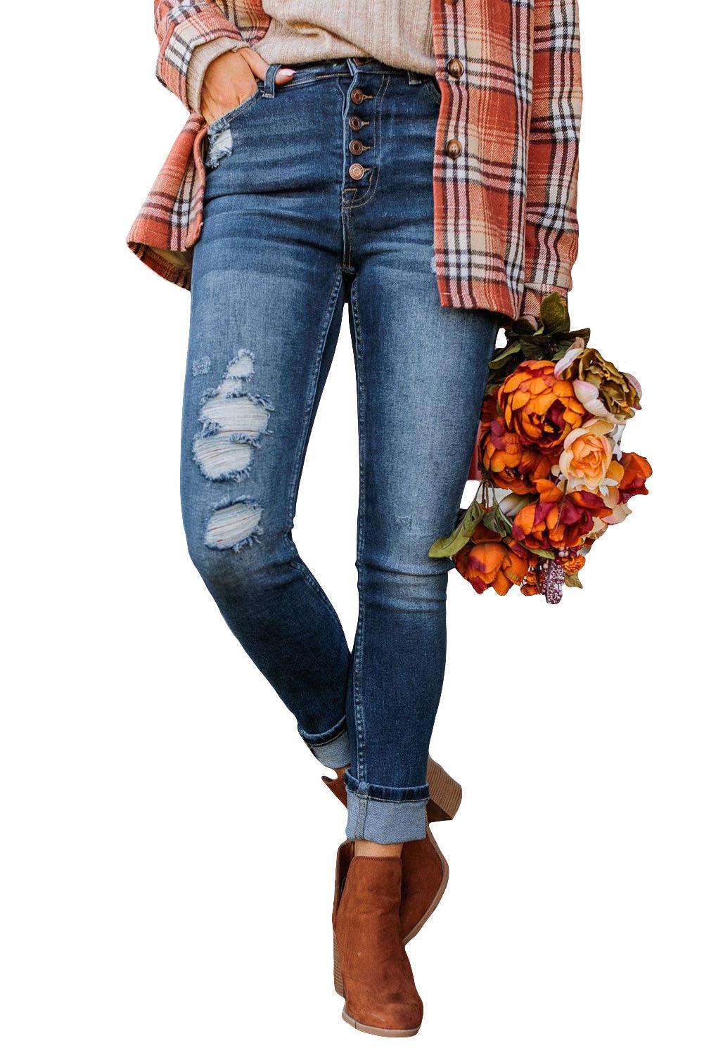 Distressed Button Fly High Waist Skinny Jeans - L & M Kee, LLC