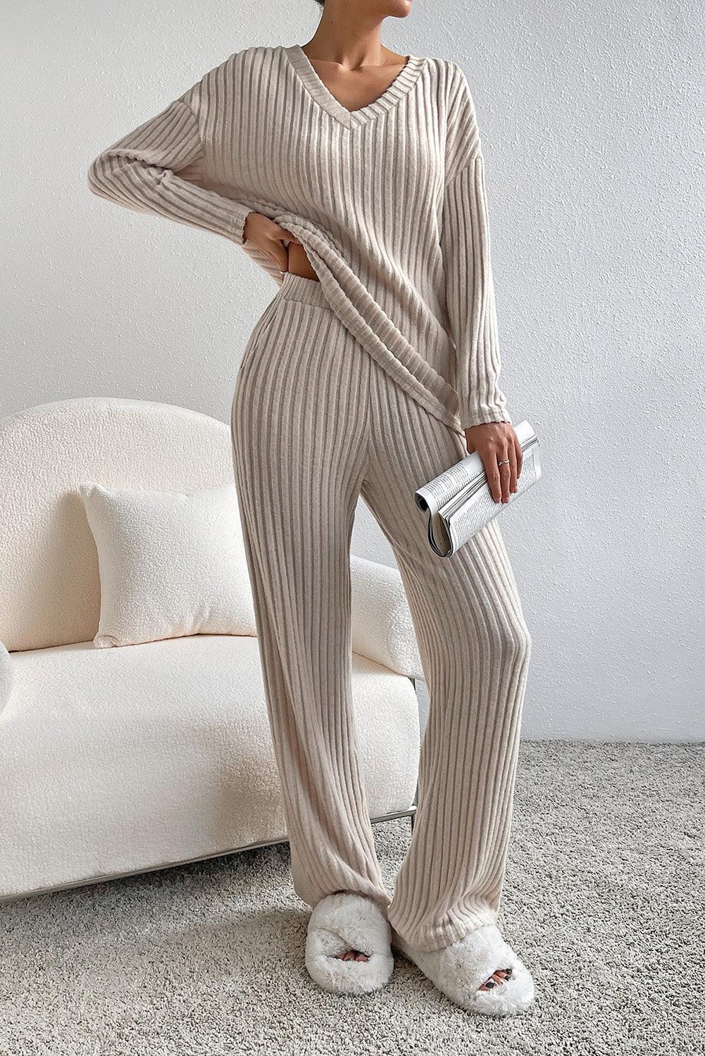 Khaki Ribbed Knit Bell Sleeve Crop Top Drawstring Pants Set - L & M Kee, LLC