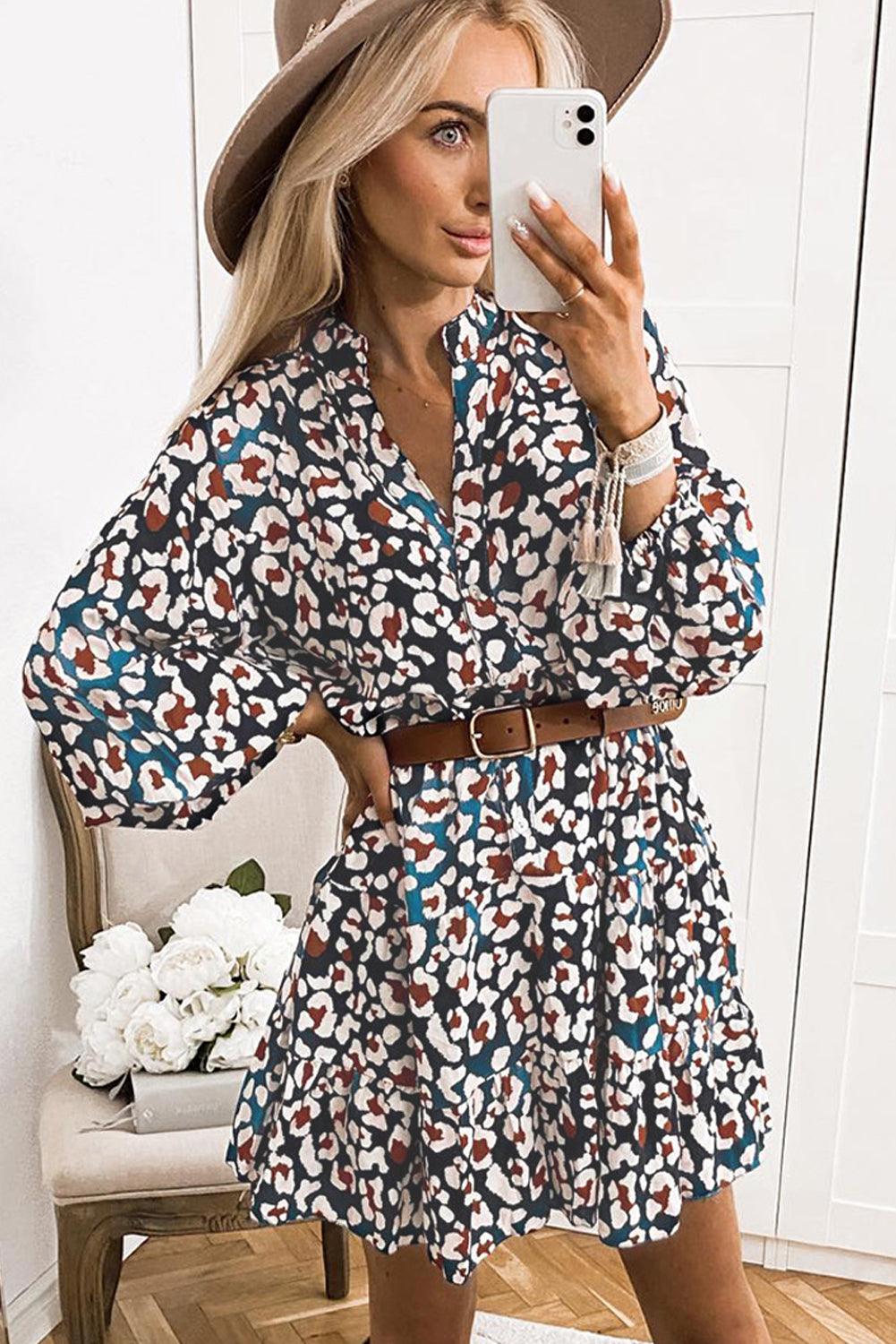 Blue Leopard Print Bubble Sleeve Ruffled Shirt Dress - L & M Kee, LLC