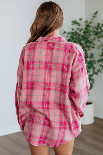 Sachet Pink Plaid Print Rounded Hem Long Sleeve Shirt with Pockets