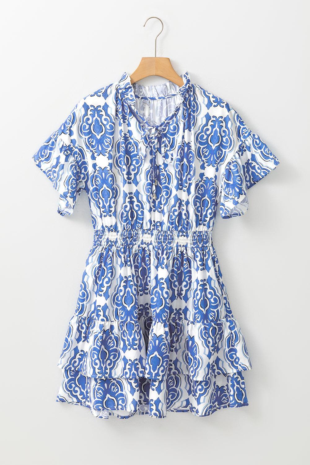 Ashleigh Blue Vintage Floral Print Wide Ruffled Sleeve Dress - L & M Kee, LLC