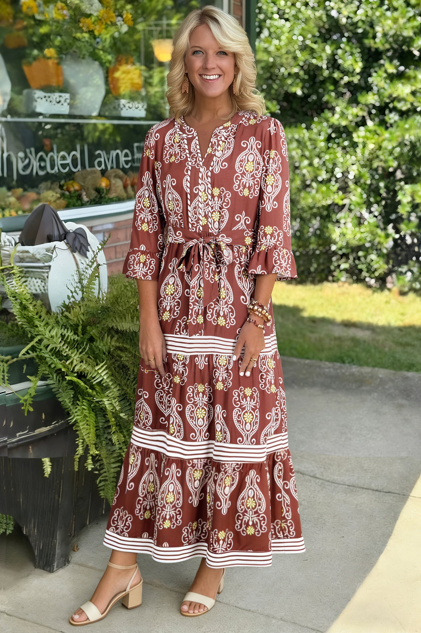 Brown Floral Print Belted Striped Trim Tiered Maxi Dress