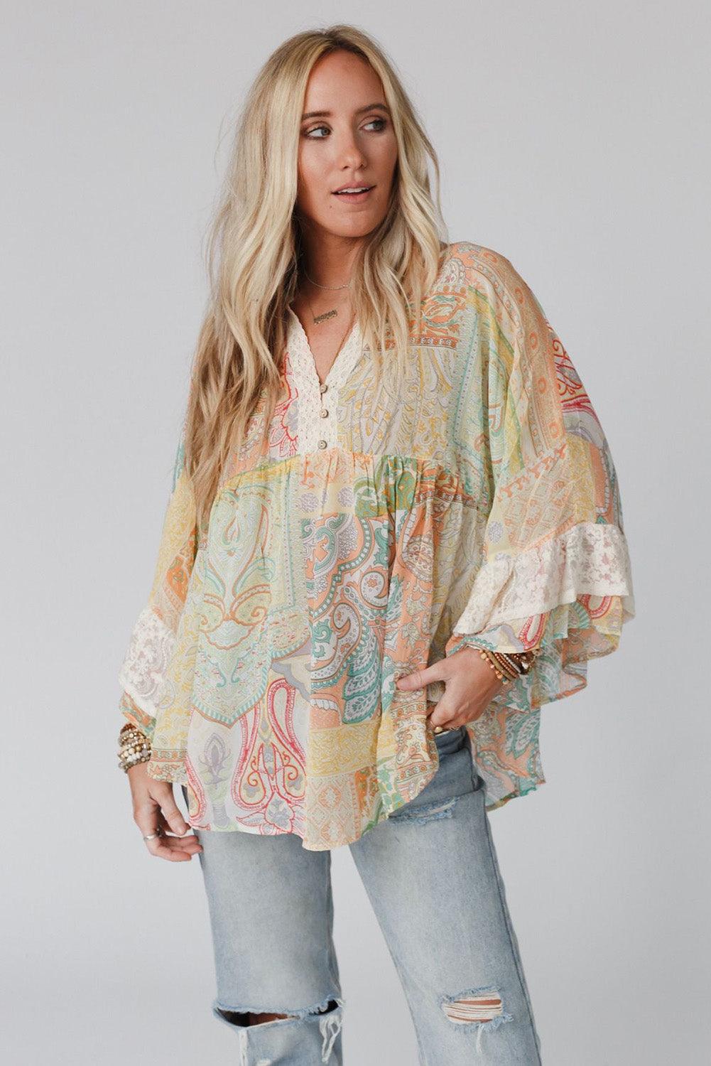 Multicolor Paisley Print Bell Sleeve Lace V-Neck Button Sheer Blouse - L & M Kee, LLC