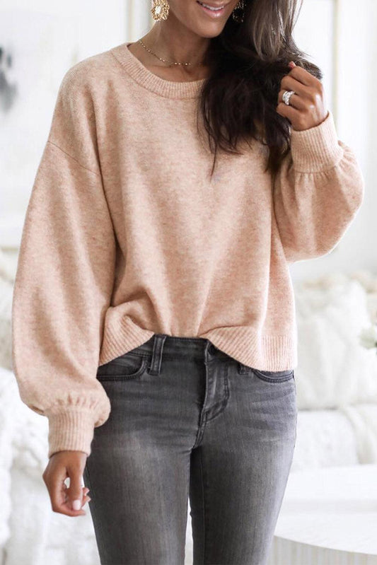 Pink Ribbed Trim Balloon Sleeve Sweater - L & M Kee, LLC