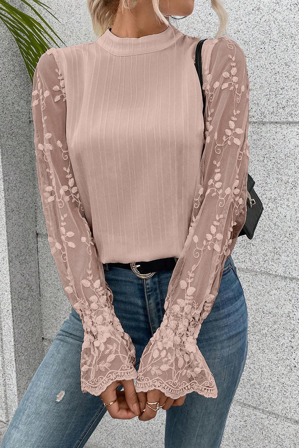 Apricot Pink Contrast Lace Sleeve Mock Neck Textured Blouse - L & M Kee, LLC