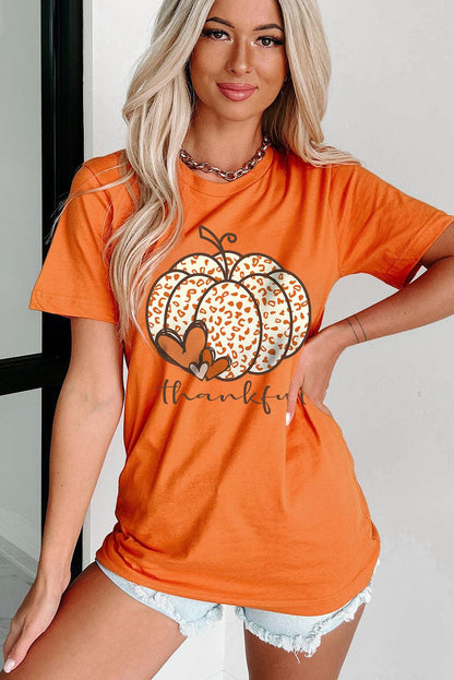 Orange Leopard Pumpkin thankful Graphic Tee - L & M Kee, LLC