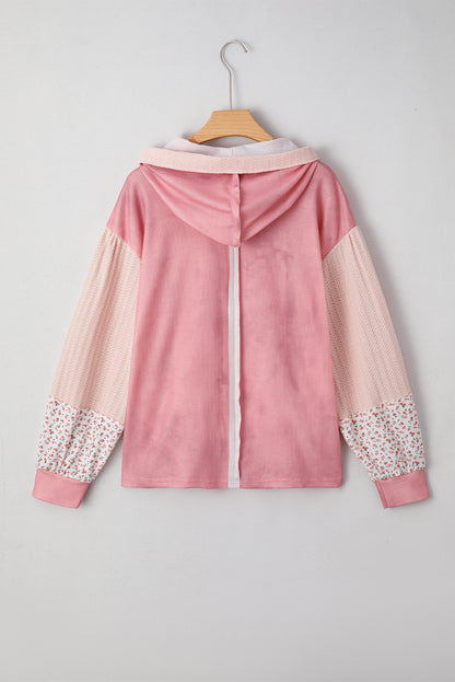 Pink Floral Patched Waffle Textured Colorblock V Neck Casual Hooded Top