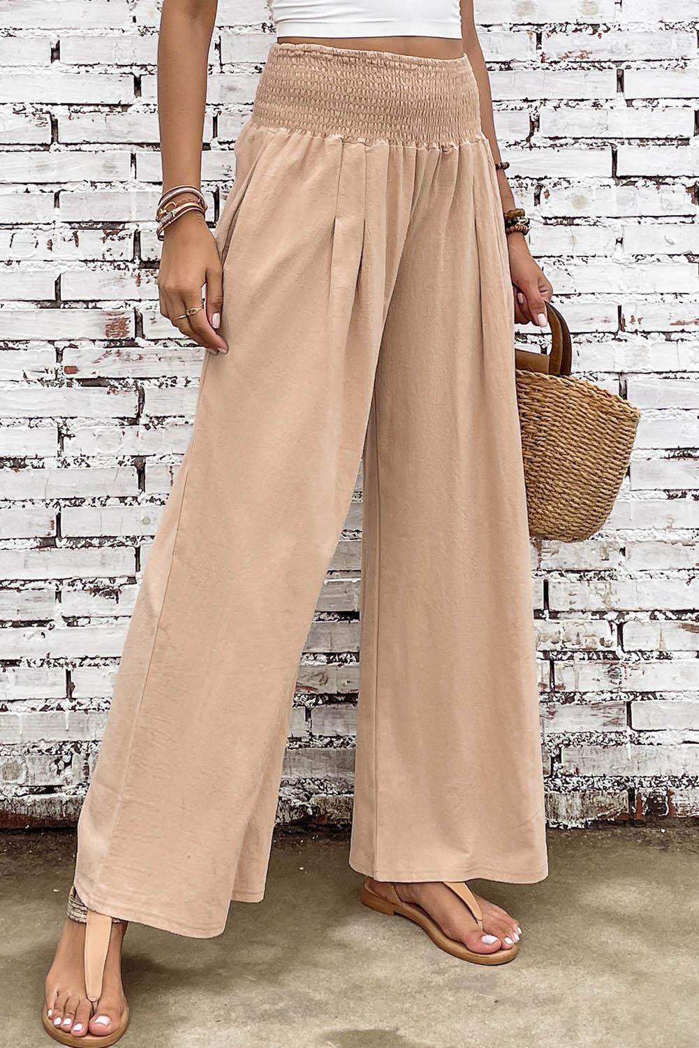 Khaki Smocked Wide Waistband High Waist Wide Leg Pants - L & M Kee, LLC