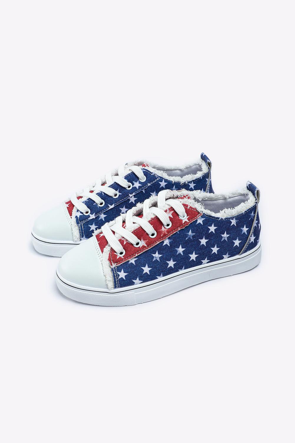 Multicolor American Flag Stars Printed Frayed Detail Lace-up Shoes - L & M Kee, LLC