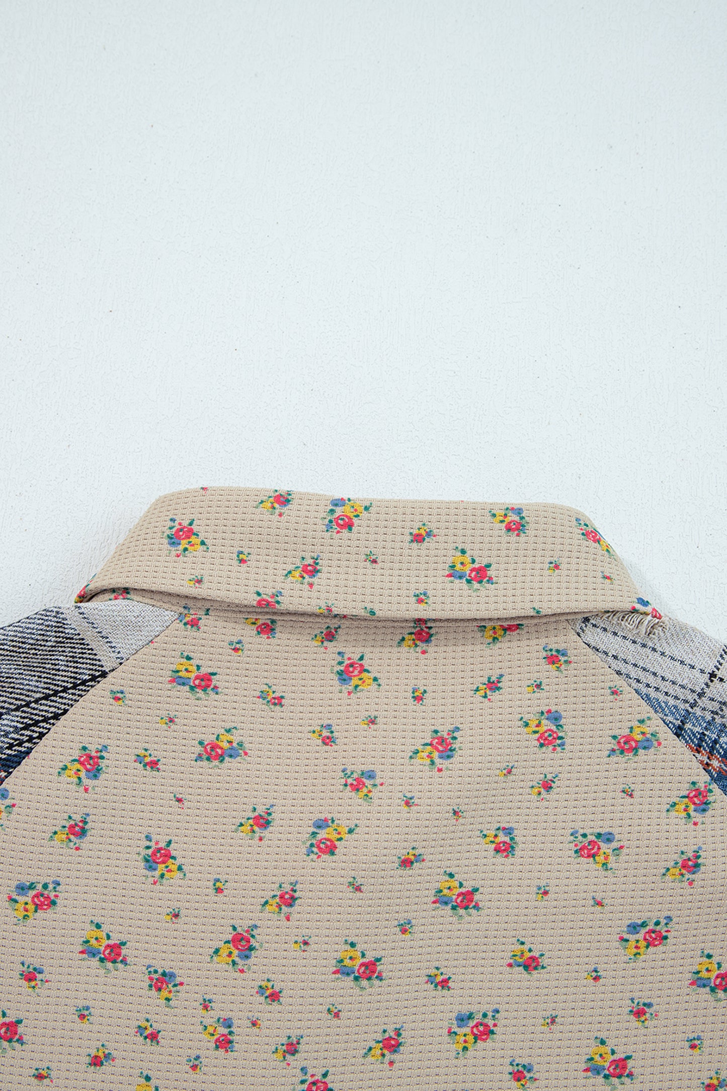 Mist Green Boho Floral Plaid Patchwork Distressed Detail Ruffled Sleeve Waffle Knit Shacket