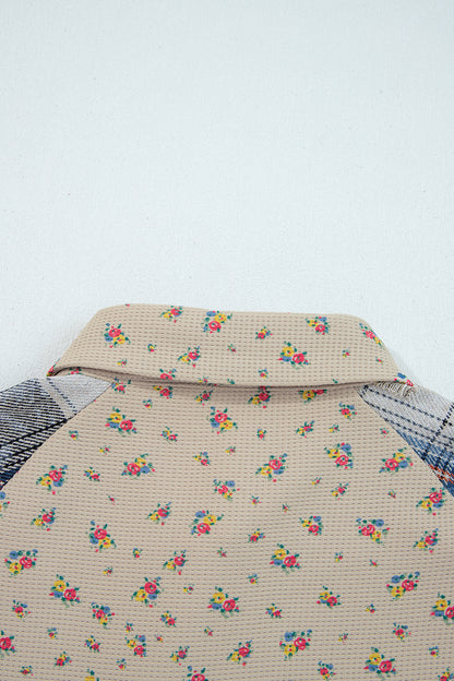 Mist Green Boho Floral Plaid Patchwork Distressed Detail Ruffled Sleeve Waffle Knit Shacket