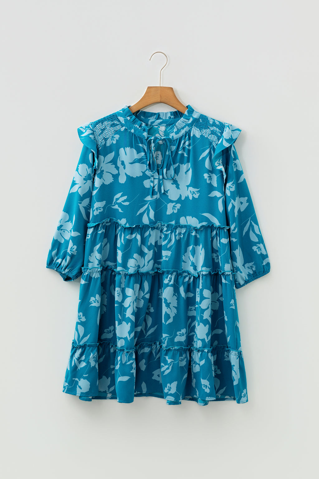 Blue Flower Half Sleeve Tiered Ruffled Mini Dress
