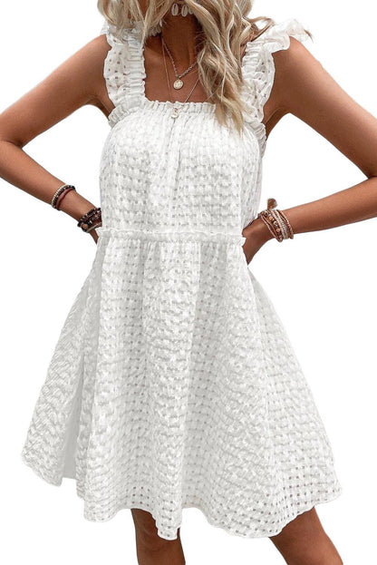 White Plaid Ruffled Straps Flowy Sleeveless Dress - L & M Kee, LLC