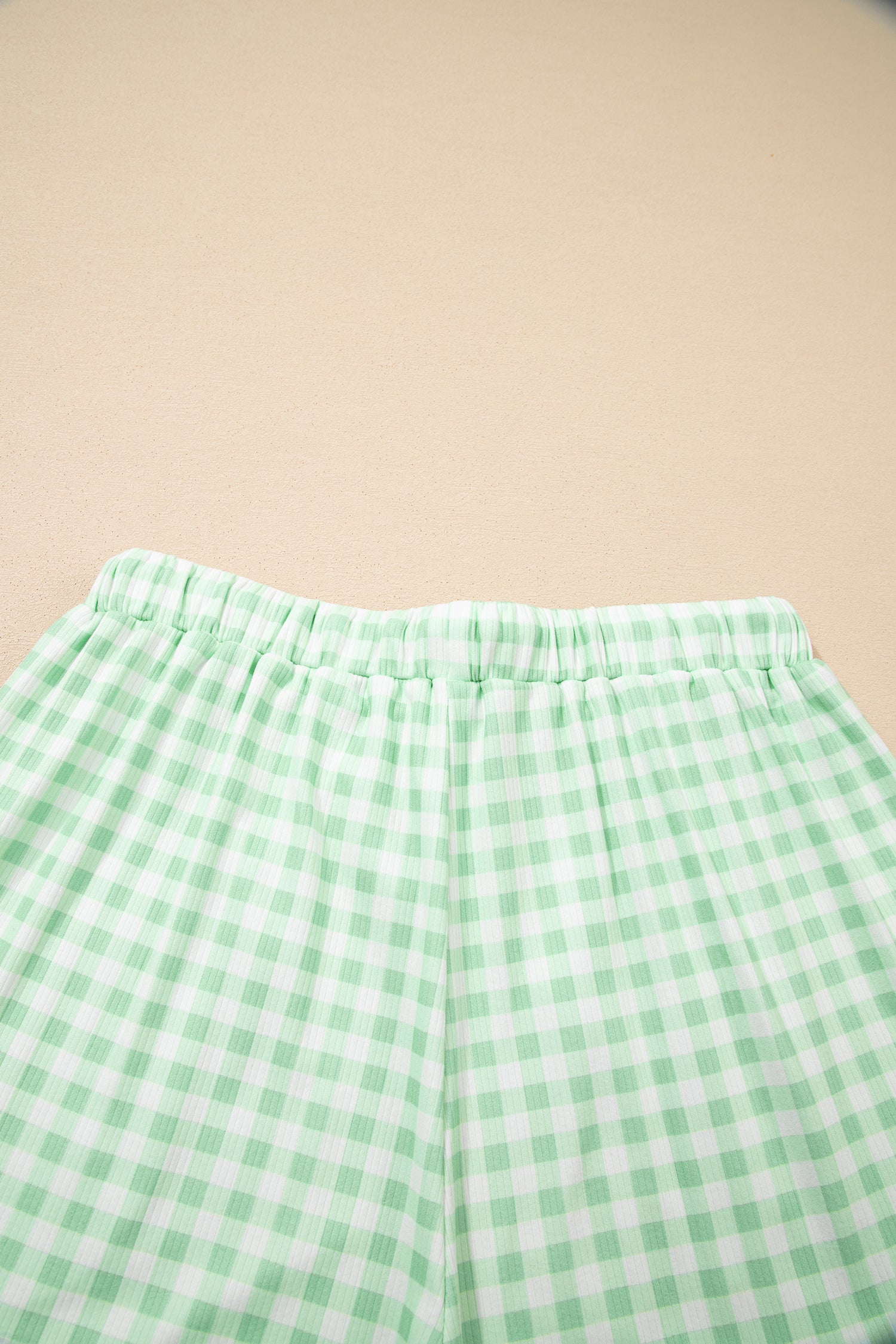 Green Gingham Long Sleeve Loose Top Drawstring Shorts 2pcs Lounge Set