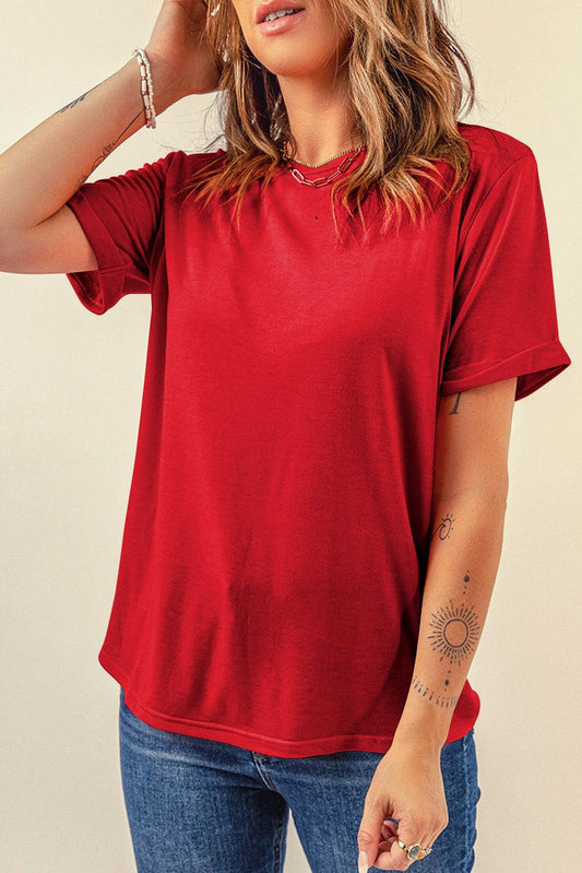 Red Casual Plain Crew Neck Tee - L & M Kee, LLC