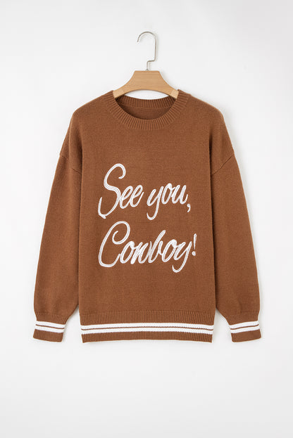 Light Grey See You Cowboy Embroidered Western Graphic Sweater