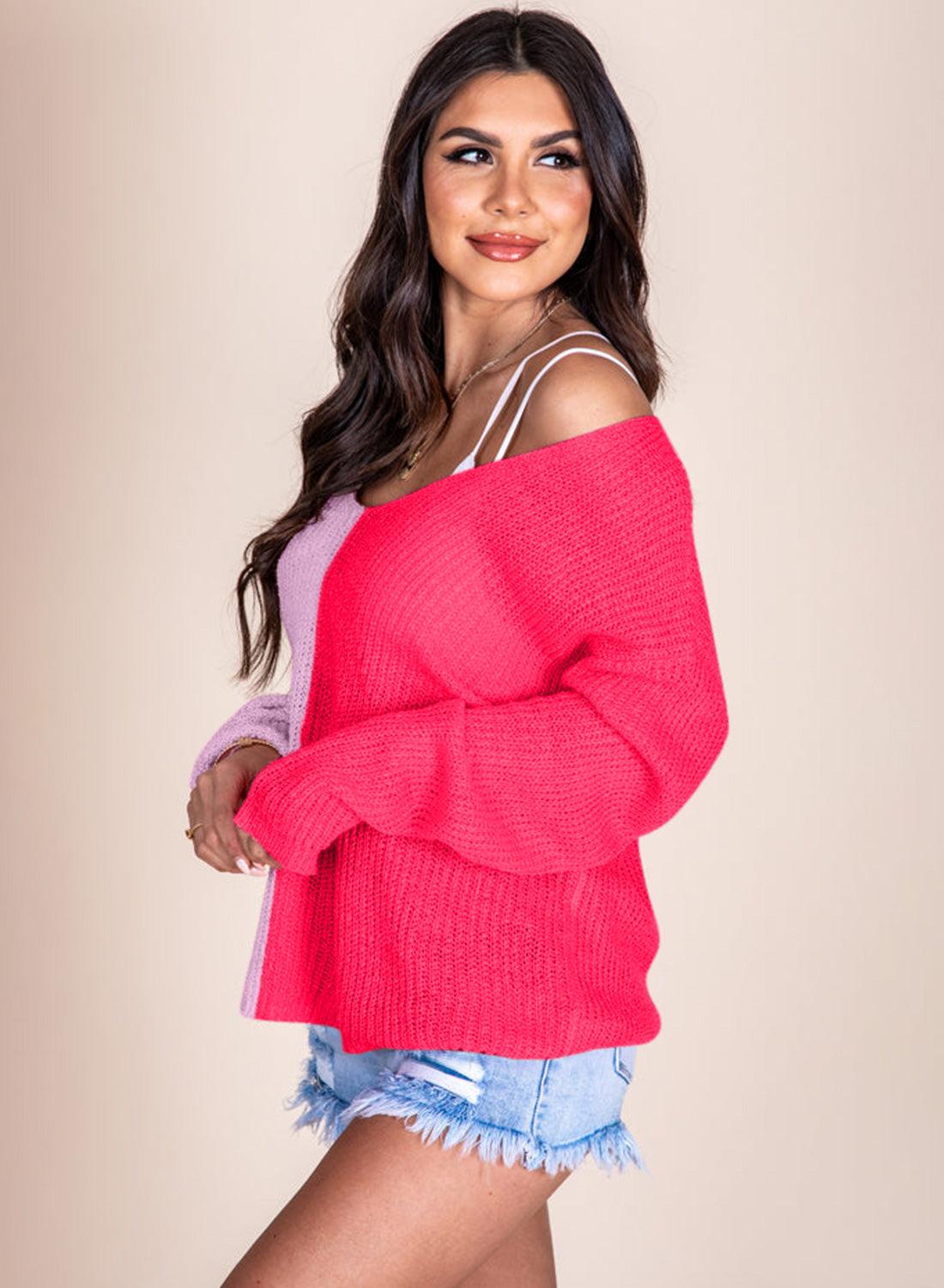 Long Sleeve V-Neck Colorblock Sweater - L & M Kee, LLC