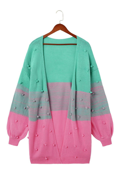 Multicolor Pompom Color Block Open Front Cardigan - L & M Kee, LLC