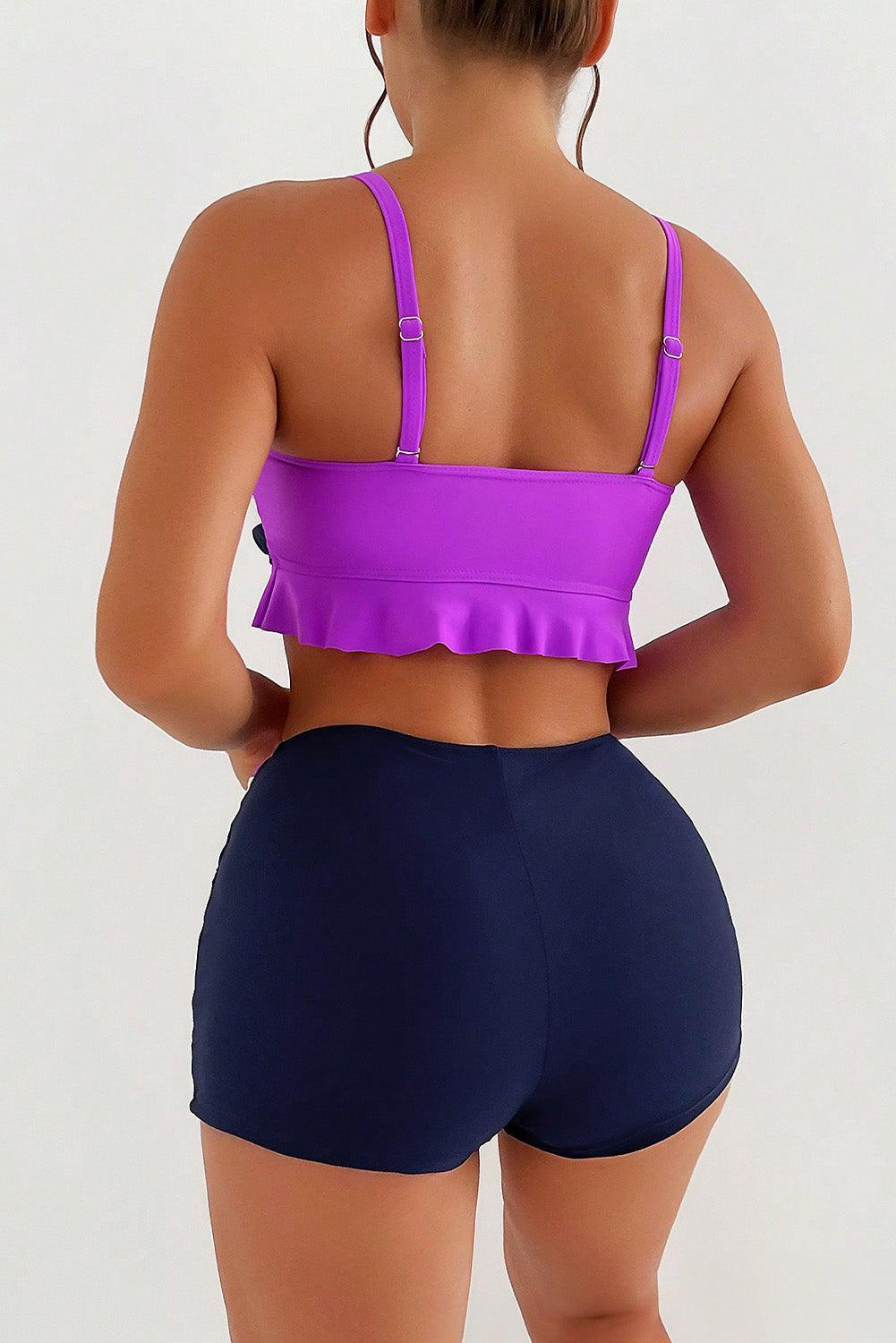 Dark Purple Colorblock Ruffled Drawstring Tie Shorts Bikini - L & M Kee, LLC