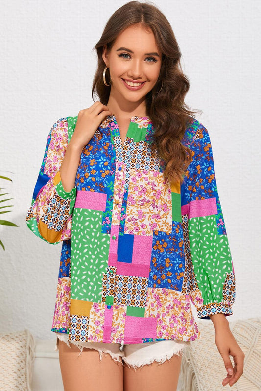 Multicolor Floral Patchwork Print Buttoned Puff Sleeve Shirt - L & M Kee, LLC