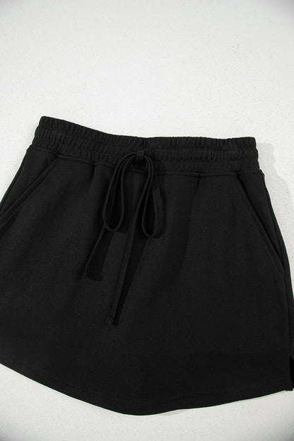 Black French Terry Drawstring Mini Skort with Pockets