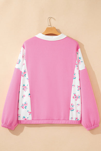 Pink Plus Size Contrast Polo Collar Floral Patchwork Elastic Cuffs Long Sleeve Top