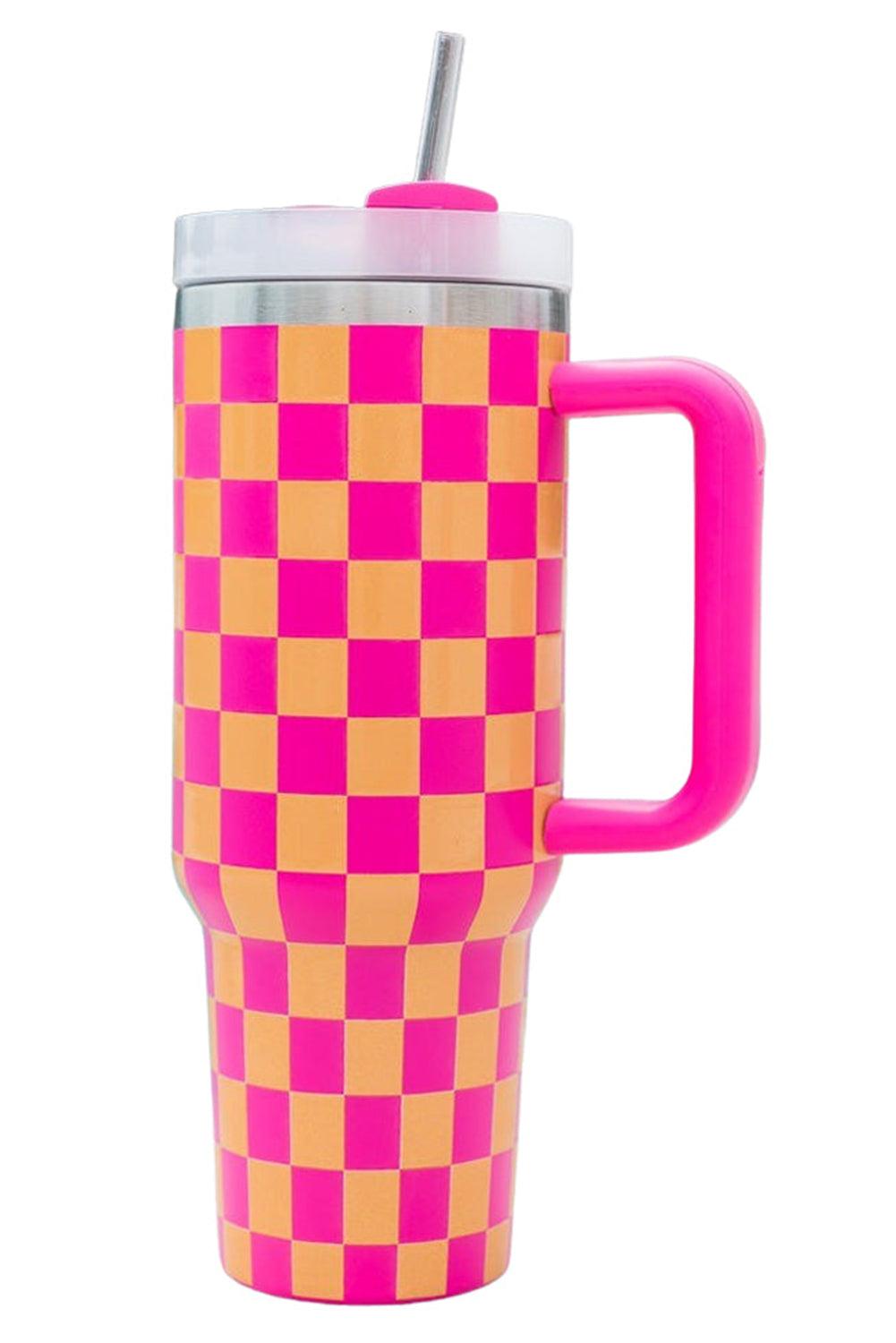 Dark Pink Checkered Print Handled Stainless Steel Tumbler Cup 40oz - L & M Kee, LLC