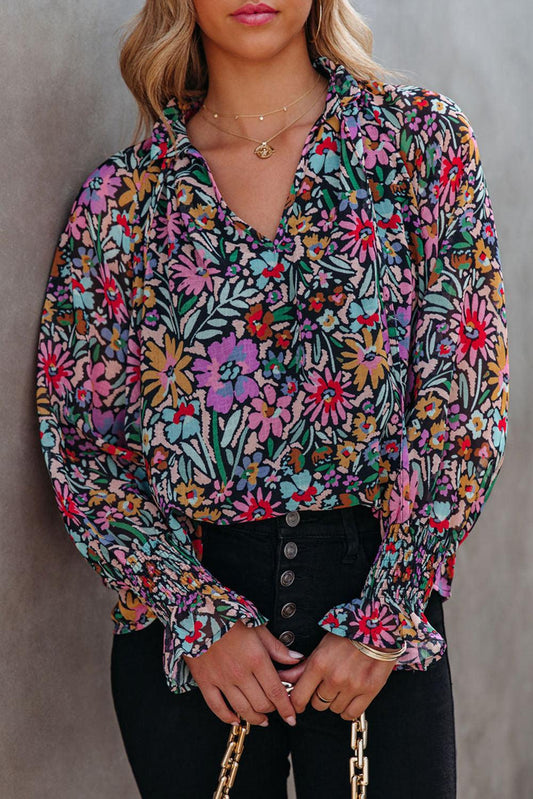 Multicolor Floral Print Ruffled Long Sleeve V-Neck Blouse - L & M Kee, LLC