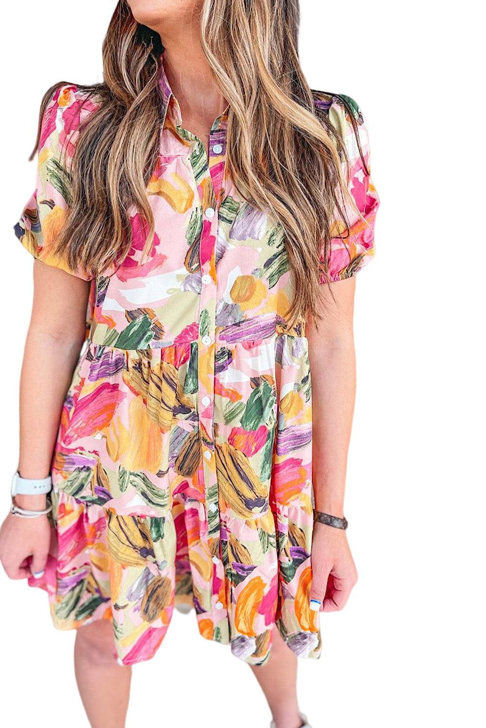 Multicolor Floral Print Short Sleeve Shirt Dress - L & M Kee, LLC