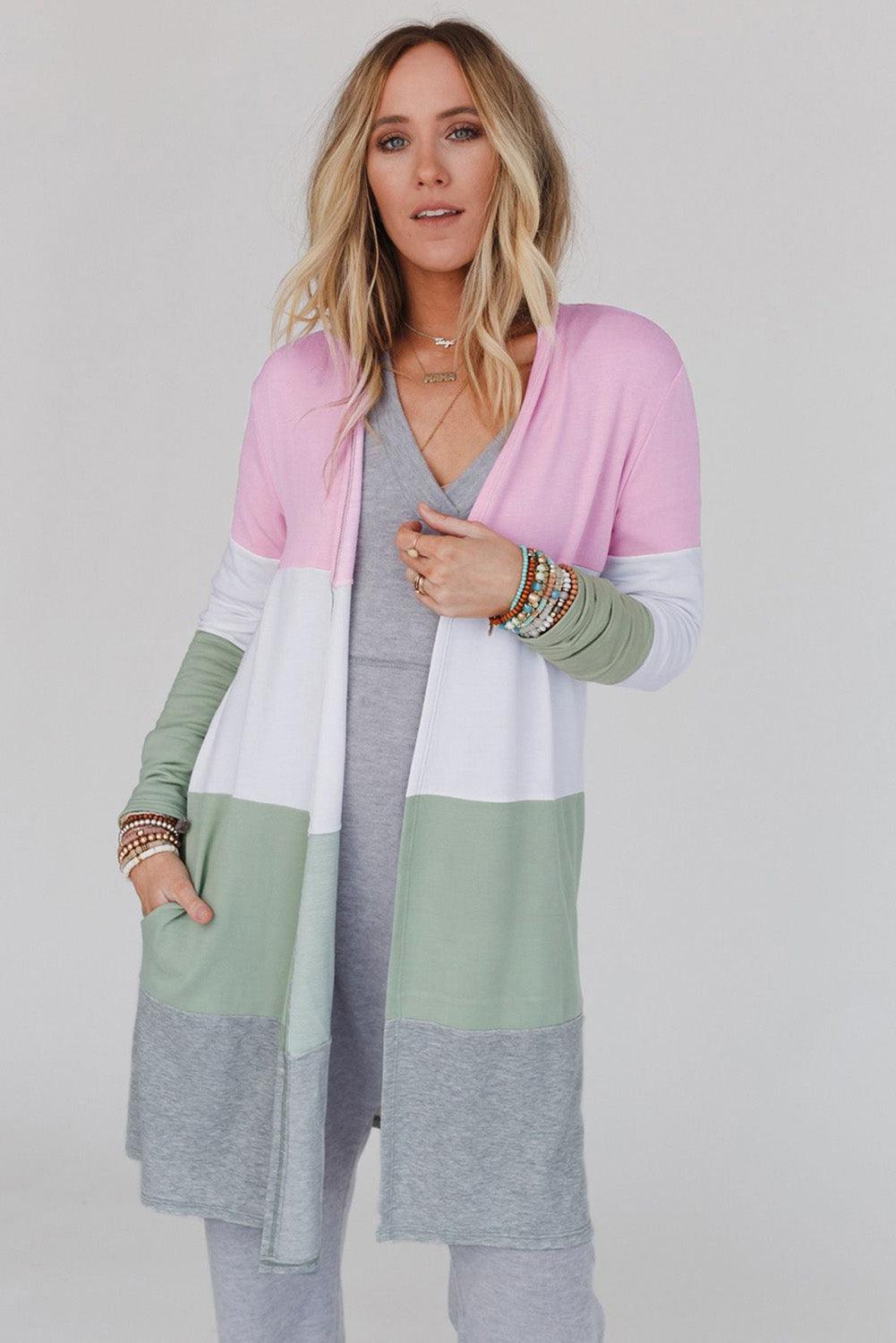 Multicolor Color Block Pocketed Casual Duster Cardigan - L & M Kee, LLC