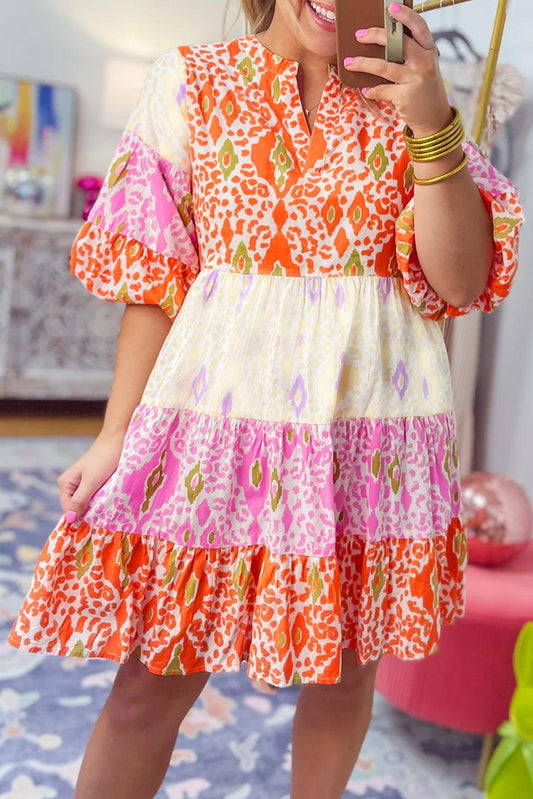 Multicolour Boho Mixed Print Half Bubble Sleeve Tiered Dress - L & M Kee, LLC